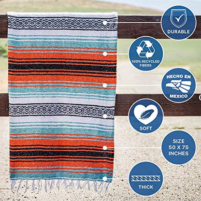 Benevolence LA Authentic Mexican Blanket – Handwoven Falsa Serape Throw – Beach, Camping, Picnic & Yoga Blanket – Lightweight Cotton Throw for Outdoor & Home – Mandarin, 50x70 in - color: Mandarin