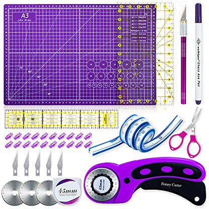 Rotary Cutter Set,Sewing Quilting Supplies,45mm Fabric Cutters,A3 Cutting Mat for Sewing,Acrylic Rulers,Scissors,Exacto Knife,Clips,Beginners Sewing Accessories,Fabric Cutter Kit