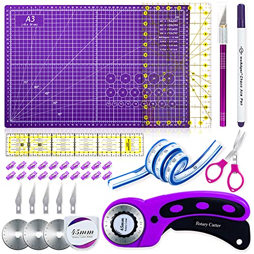 Rotary Cutter Set,Sewing Quilting Supplies,45mm Fabric Cutters,A3 Cutting Mat for Sewing,Acrylic Rulers,Scissors,Exacto Knife,Clips,Beginners Sewing Accessories,Fabric Cutter Kit