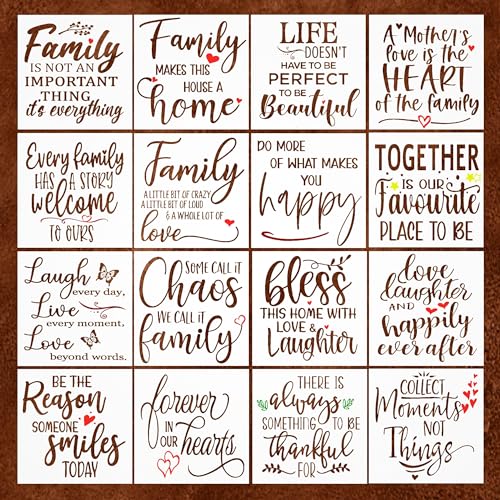 16 Word Stencils for Painting on Wood - Inspirational Stencil Set for Crafts Reusable – Art Templates for Drawing - Farmhouse Stencils and Templates for Signs, Canvas and Craft Supplies - size: 8 Inch Family