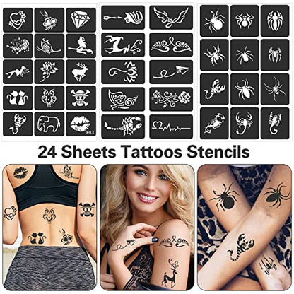 24 Sheets Henna Stencils for Kids Teens Adults | 400+ Reusable Tattoo Stencils, Glitter Tattoo Stencils For Face Hand Back