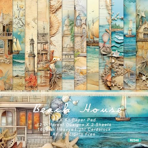6x6 Scrapbook Paper Pad - Beach House Ocean Seashell 160gsm Cardstock, 24 Pcs Nautical Lighthouse Decorative Paper for Summer Travel Journal Supplies - color: Ocean - 6×6