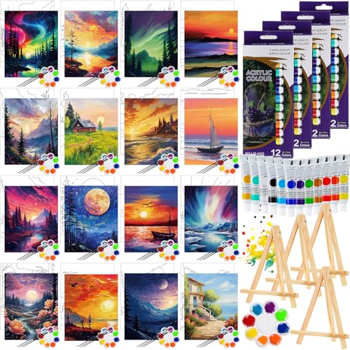 Zhanmai 88 Pcs 8 x 10 Inch Pre Drawn Canvas for Painting Kit Pre Stretched Canvas for Sip and Paint Party Favor Coloring DIY Virtual Party Birthday Gifts Adult's Date Night(Oil Painted Landscape) - style: Oil Painted Landscape