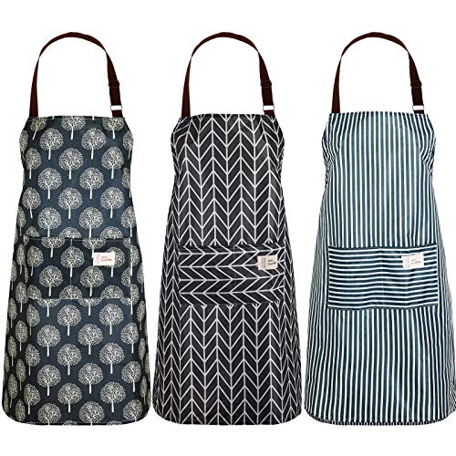 SATINIOR 3 Pcs Waterproof Kitchen Apron with 2 Pockets - color: Black and Grey