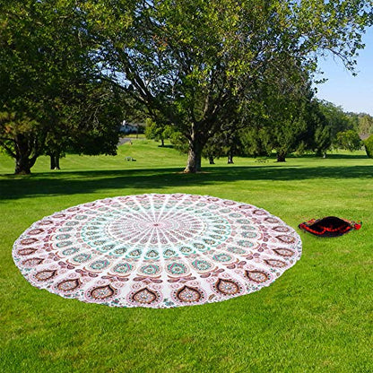 raajsee Mandala Round Beach Tapestry Hippie/Boho Beach Blanket Roundie/Indian Cotton Throw Bohemian Round Table Cloth/Yoga Mat Meditation Picnic Rugs 70 inch Circle (WHITE BROWN) - color: WHITE BROWN