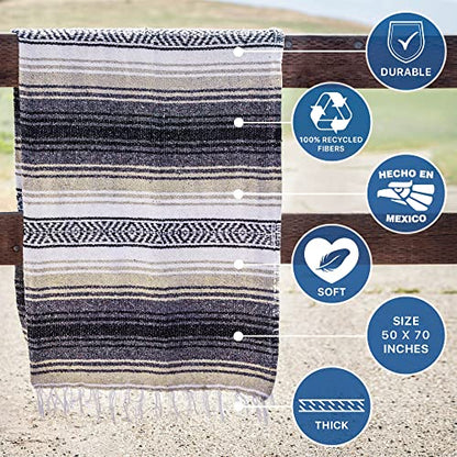 Benevolence LA Authentic Mexican Blanket – Handwoven Falsa Serape Throw – Beach, Camping, Picnic & Yoga Blanket – Lightweight Cotton Throw for Outdoor & Home – Sand, 50x70 in - color: Sand