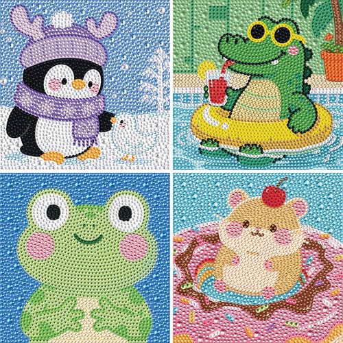 UiSdfuy Diamond Art Kits for Kids, Arts & Crafts Ages 8-12,Diamond Art for Boys Girls,Gem Art 4 Pack Diamond Painting 6"x 6" (Penguin Crocodile Frog) - color: Penguin Crocodile Frog
