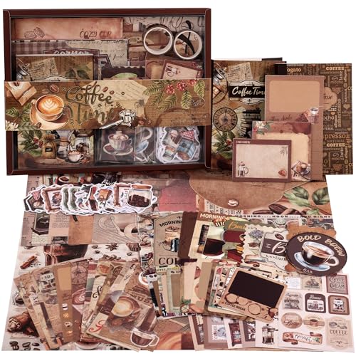 emmoolife Scrapbooking Supplies Kit, Coffee Vintage Aesthetic Scrapbook Kit for Bullet Junk Journal, DIY Journaling Supplies with Coffee Bean Cup, Latte Art, Birthday Craft Gift for Teen Girl Women - color: Coffee II