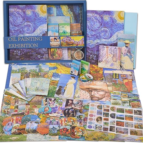 Scrapbooking Supplies Kit Plus 480Pcs, Vintage Van Gogh Oil Painting Aesthetic Scrapbook Kit for Bullet Junk Journal, DIY Journaling Supplies, Stationery, A5 Grid Notebook, Craft Gift Kid Girl - color: Oil painting