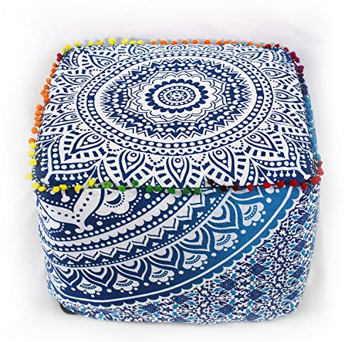 Square Mandala Floor Pillow Cover 16x16x14 Inch Handmade Cotton Meditation Cushion Cover Bohemian Ottoman Pouf Cover Decorative Floor Seating Pillow Living Room Bedroom Yoga Blue Ombre (Cover Only) - color: Blue Ombre, size: 16x16x14 inches