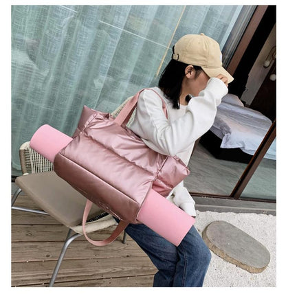 Large Puffer Tote Bag for Women, Quilted Gym Bag with Yoga Mat Holder, Travel Duffle, Waterproof Carry on Weekender Bag (pink) - color: pink