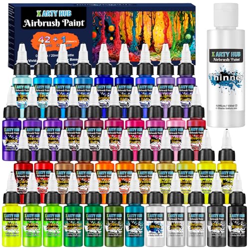 Airbrush Paint Set, 42 Acrylic Paints with 4.05 fl oz Thinner | Ready-to-Spray, Iridescent, Neon & Metallic Colors, Water-Based, Air Brush Painting Set for Models, Artwork & DIY Crafts - color: 42 colors with 4.05 fl oz thinner