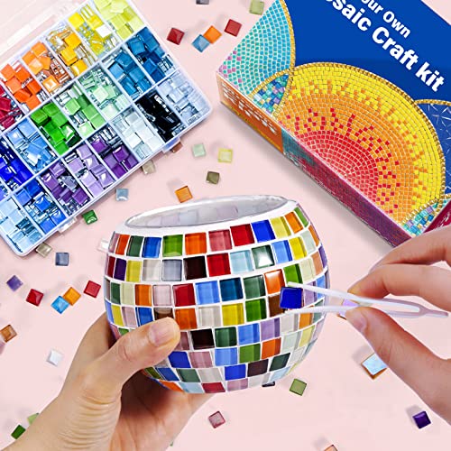 Glass Mosaic Candle Holder Kit, DIY Art and Crafts for Adults & Kids Gifts | Mosaic kits for kids, teens, adult, Tealight holder craft with mosaic tiles for home decor, Birthday gifts for kids ages 6-12 - color: Dark Multicolor