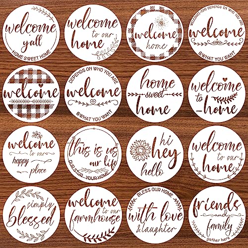 Kigley 16 Pcs Welcome Stencils for Painting on Wood 12" Large Round Letters Door mat Stencils Templates Farmhouse Paint Stencil for Wood Door Hanger Sign Reusable(Welcome)