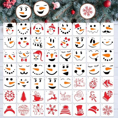 Augshy 56 Pack Christmas Snowman Face Stencils, Reusable 3 Inch | Plastic Paint Stencils, for Christmas Crafts Scrapbooking Wall Floor Decor, DIY Rock Painting Art Projects, Small Templates - style: Snowman