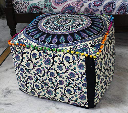 Green Deer Elephant Mandala Floor Pillow Cover 18x18x14 Inch Handmade Cotton Meditation Cushion Cover Square Ottoman Pouf Cover Bohemian Floor Seating Pillow for Living Room Bedroom Decor (Cover Only)