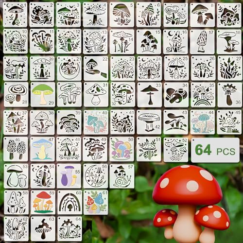 Mushroom Stencils for Painting, 64 Pcs 3 x 3 Inch for Cards Rocks | Reusable & Easy to Clean, Woodland Cottagecore Icons, Gift Tags, Journals, Scrapbooks, Beginner Friendly - color: Mushroom