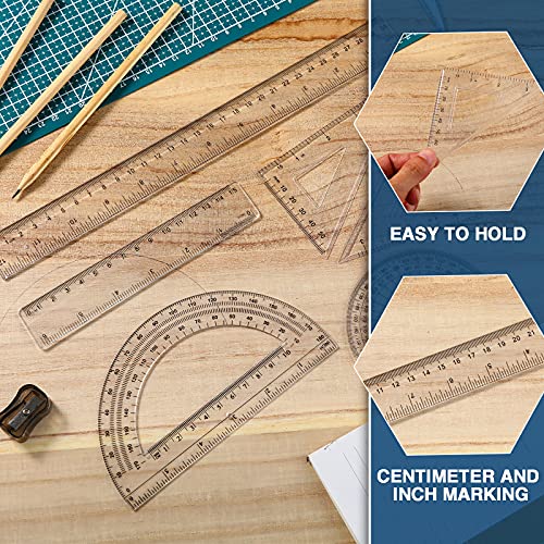 Tenare 18 Pcs Plastic Clear Math Set Includes Protractor Triangle Rulers 12 Inch 6 Inch Straight Geometry Math Transparent Ruler Measuring Tool for Office Home Supplies