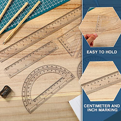 Tenare 18 Pcs Plastic Clear Math Set Includes Protractor Triangle Rulers 12 Inch 6 Inch Straight Geometry Math Transparent Ruler Measuring Tool for Office Home Supplies