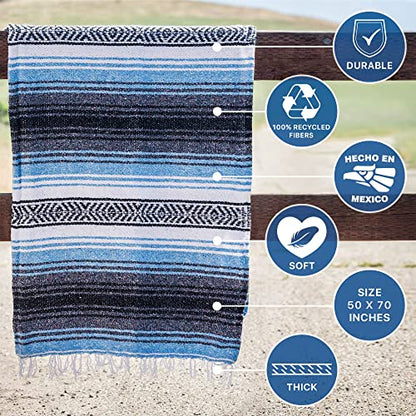 Benevolence LA Authentic Mexican Blanket – Handwoven Falsa Serape Throw – Beach, Camping, Picnic & Yoga Blanket – Lightweight Cotton Throw for Outdoor & Home – Sky Blue, 50x70 in - color: Sky Blue