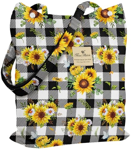 Miss Adola Corduroy Tote Bag for Women with Aesthetic Design | Magnetic Buckle & Pocket, Reusable, Soft, Roomy, Long Shoulder Handles, Double-sided Print, Casual Daily Work, Grocery Bags - color: Plaid Sunflower