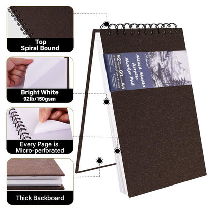 5.8" x 8.3" Mixed Media Sketch Book,Spiral Bound Hardcover Sketchbook,60 Sheets 92lb/150gsm Neutral White Acid Free Paper,Art Journal Sketchbook for Drawing Writing Sketching Illustration,Dark Coffee - color: Bright White-Dark Coffee