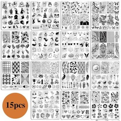 Biutee 15PCS Nail Art Stamping Plate 8 Nail Stamping Gel Polish Nail Stamping Kit Nail Stamper Scraper with Storage Bag, Lace Flower Butterfly Star Design Nail Stamp Template Kit for DIY Nail Art - color: 26 Piece Set