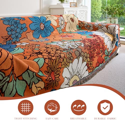 VANJOROY Boho Throw Blanket, 100% Handwoven Cotton Southwestern Farmhouse Floral Decor Reversible Blanket, All Season Throw for Sofa Bed Tapestry Outdoor Camping Picnic 71″×134″ - color: Orange Flower, size: 71″×134″