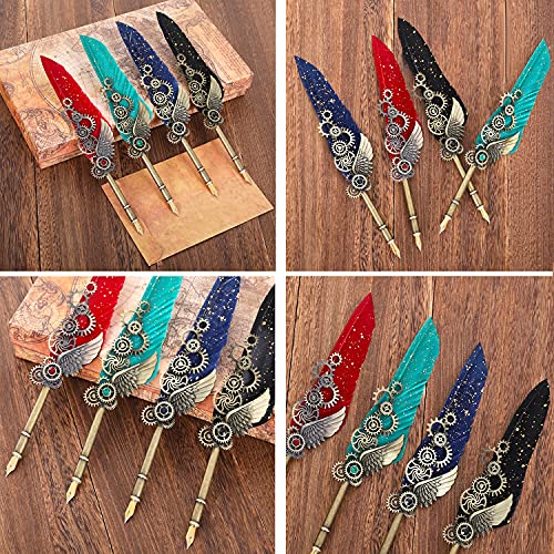 Feather Calligraphy Pen Ink Set, Mechanical Feather Pen and Wooden Dip Pen, 5 Colors of Ink, 12 Replacement Nibs, Pen Holder, Envelope and Letter Paper (Green)