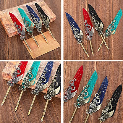 Feather Calligraphy Pen Ink Set, Mechanical Feather Pen and Wooden Dip Pen, 5 Colors of Ink, 12 Replacement Nibs, Pen Holder, Envelope and Letter Paper (Green)
