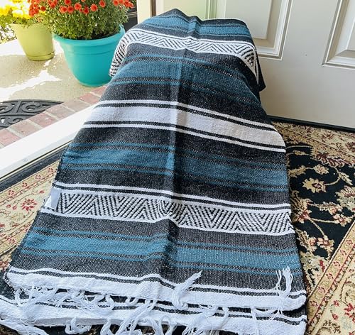 Mexican Falsa Blanket Serepe Throw Authentic Handwoven Saddle Multi-Use for Yoga, Beach, Camping and Picnics - Durable Outdoor Indoor. 60% Cotton. (Teal) - color: Teal