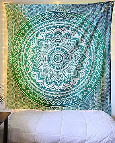 raajsee Green Ombre Mandala Tapestry Wall Hanging,Indian Cotton Beach Throw Blanket Hippie Tapestries,Boho Decor,Meditation Yoga Mat Rugs,52x82 inches - color: Green Ombre, size: 82"L x 52"W
