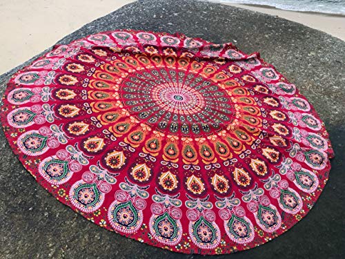 raajsee Mandala Round Beach Tapestry Hippie/Boho Decor Beach Blanket/Indian Cotton Throw Bohemian Round Table Cloth Mandala/Yoga Mat Meditation Picnic Rugs (RED) - color: RED