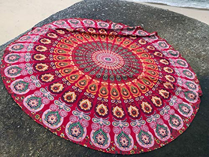 raajsee Mandala Round Beach Tapestry Hippie/Boho Decor Beach Blanket/Indian Cotton Throw Bohemian Round Table Cloth Mandala/Yoga Mat Meditation Picnic Rugs (RED) - color: RED
