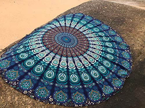 raajsee Mandala Round Beach Tapestry Hippie/Boho Beach Blanket Roundie/Indian Cotton Throw Bohemian Round Table Cloth/Yoga Mat Meditation Picnic Rugs 70 inch Circle (TURQUOISE) - color: TURQUOISE