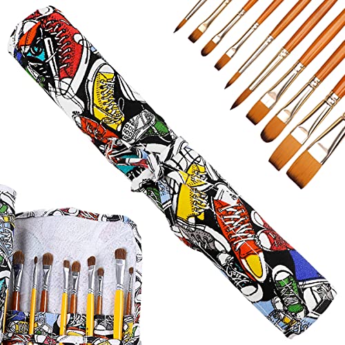 22 Slot Canvas Art Paint Brush Holder Canvas Brush Pouch Watercolor Paintbrushes Roll-Up Case Bag for Watercolor Oil Paint Brush (Trendy Graffiti Style) - color: Style-2