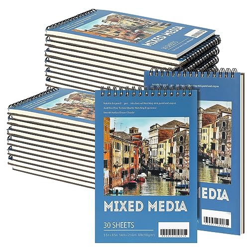 Jexine 20 Pcs Sketch Book Bulk 5.5"x8.5" Top Spiral Bound,Mixed Media | 30 Sheet Each 100gsm Drawing Paper, Sketch Pads for Painting, Artist Sketchbooks Bulk, Art Paper for Students - style: Mixed Media