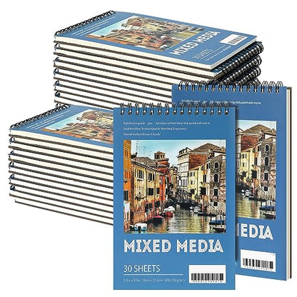 Jexine 20 Pcs Sketch Book Bulk 5.5"x8.5" Top Spiral Bound,Mixed Media | 30 Sheet Each 100gsm Drawing Paper, Sketch Pads for Painting, Artist Sketchbooks Bulk, Art Paper for Students - style: Mixed Media