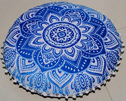 ICC Floor Pillows & Cushion Covers, Decorative Hippie Mandala Pouf Pillow Cover Bohemian Seating Meditation Cushion Cover, Large Boho Ottoman Case Pillowcase for Couch 32" Round Blue Flower - size: 32" x 32" (Pack of 1), style: Blue Flower
