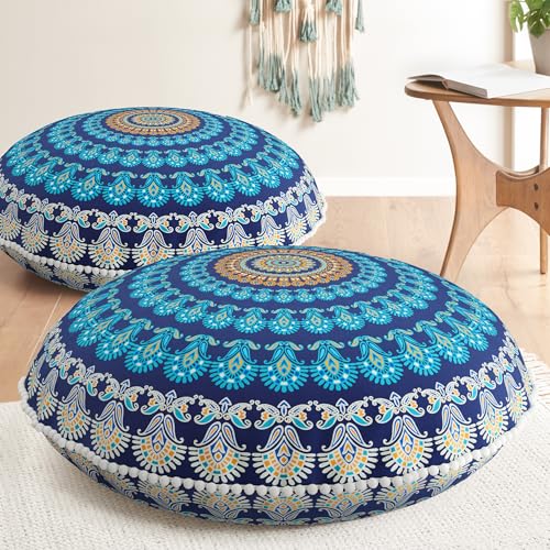 Codi Floor Pillows 2 Pack, Large Meditation Cushions for Adults, 32-inch | Oversized round seating for yoga & zen, Supportive shredded memory foam filling, Removable machine washable boho cover, Navy - color: Round | Navy, size: 2 Count (Pack of 1)