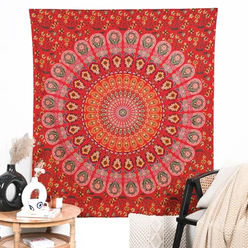 RAJRANG Golden Red Round Mandala Tapestry 30x40 Inch for Bedroom and Living Room Table Decor Boho Bohemian Cotton Tapestries - color: Golden Red, size: 30"L x 40"W