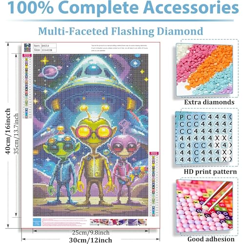 DFPSCLLA 5D Diamond Painting Kits for Adults, Alien Diamond Art Kit, DIY Full Round Drill Diamond Dot Gem Art Kits for Beginners, Home Wall Decor 12x16 Inch - color: Alien