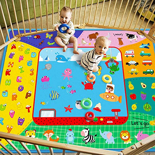 Soft Baby Play Mat for Floor,58"×44" Foldable Fabric Baby Crawling Mat Rug | Large Non-Slip Padded Educational ABC Playmat for Playing Area Tummy Time Gym Activity Mat for Infants Toddlers Boys Girls