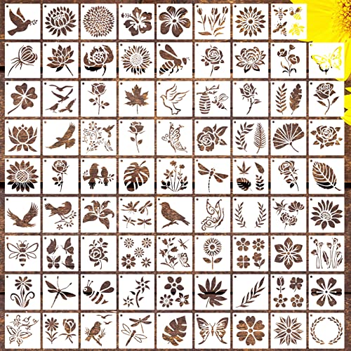 80 Pcs 3 x 3 Inch Stencils for Painting on Wood, Reusable Flower Butterfly Bird Bee Plastic Stencils DIY Craft Paint Template Set for Wall Home Decor - style: Flower