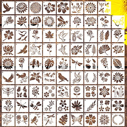 80 Pcs 3 x 3 Inch Stencils for Painting on Wood, Reusable Flower Butterfly Bird Bee Plastic Stencils DIY Craft Paint Template Set for Wall Home Decor - style: Flower