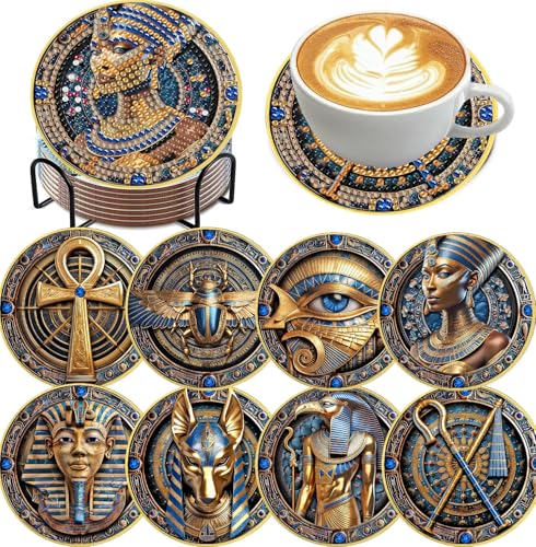 Mrnsiet 8 PCS Diamond Art Coasters Kits with Holder, 5D DIY Egyptian Diamond Pinting Coaster Acrylic Non Slip Coaster with Cork Pads for Tabletop Protection 10×10 CM - color: BDWY272-US