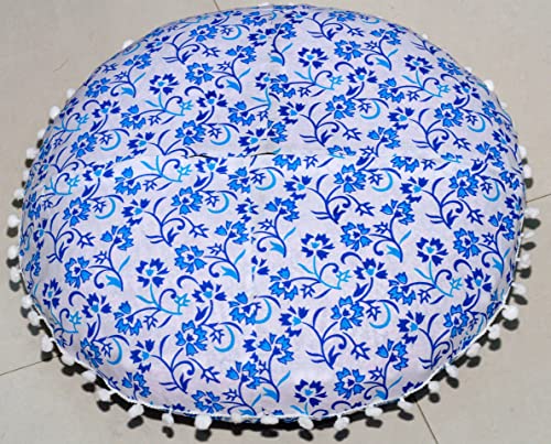ICC Floor Pillows & Cushion Covers, Decorative Hippie Mandala Pouf Pillow Cover Bohemian Seating Meditation Cushion Cover, Large Boho Ottoman Case Pillowcase for Couch 32" Round Blue Flower - size: 32" x 32" (Pack of 1), style: Blue Flower