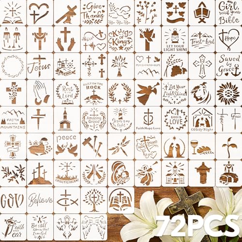 72 Pcs Christian Cross Stencils for Painting Set, Reusable Religious Jesus God Painting Templates - Christ Stencil Crafts Drawing Templates for DIY Scrapbook, Home Wall Murals, Canvas Wood Signs - style: Christian