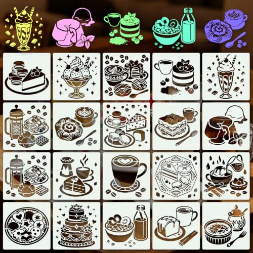 Delicious Stencils for Crafts Reusable 20Pcs Stencils(5.9X5.9 Inch) | DIY Art Painting Stencil Furniture Decor Kit for Wood Embroidery Wall Silk Screen Journaling - color: Delicious