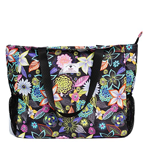 ESVAN LARGE BEACH BAG Water Resistant Lightweight 20 inch Women Oversize Tote Bag for Gym Beach Travel Pool Yoga Nurse - color: Black Embroid